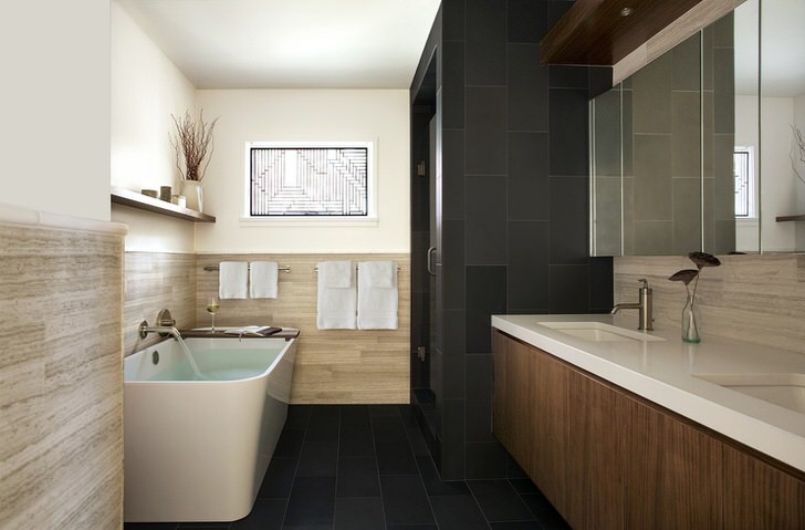 Стилю модерн присуще использование натуральных материалов для отделки. Панели из светлого дерева делают атмосферу в ванной комнате благородной и изысканной. Стилю модерн присуще использование натуральных материалов для отделки. Панели из светлого дерева делают атмосферу в ванной комнате благородной и изысканной.