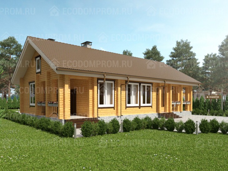 Просторный одноэтажный дом из бруса размером 9 на 16 метров (117,4 кв. м).