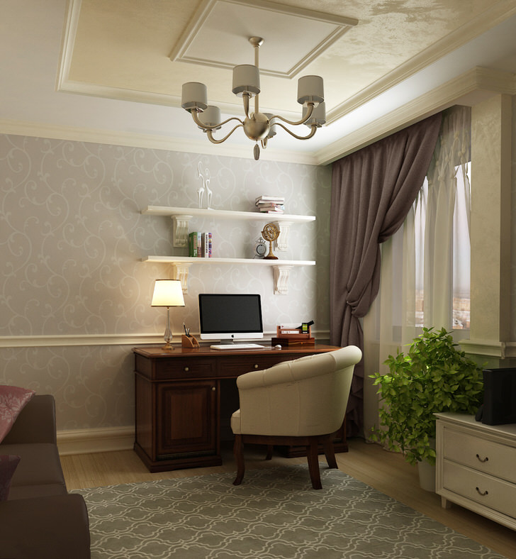 Рабочий кабинет в стиле неоклассика интересен спокойной цветовой гаммой. Венге и нежный фиолетовый цвет органично смотрятся в единой стилистической концепции.  Рабочий угол в спальне