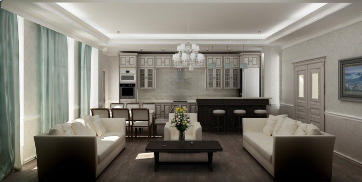 Как оформляются интерьер квартиры и ванная в стиле неоклассика? (65 идей дизайна) 3 Кухня-гостиная