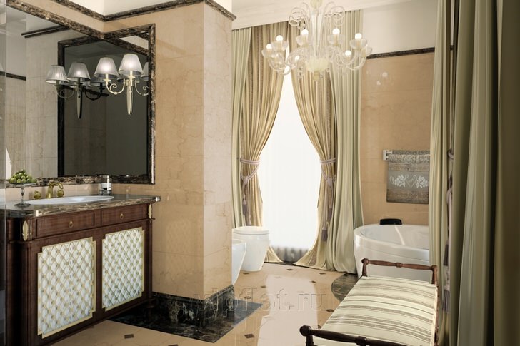 Благородное оформление ванной в стиле неоклассицизм подчеркнуто правильно подобранной мебелью. Благородное оформление ванной в стиле неоклассицизм подчеркнуто правильно подобранной мебелью.