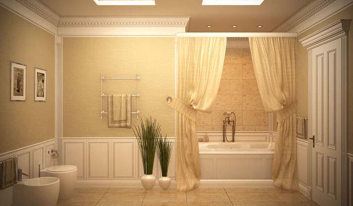 Декоративная особенность ванной свойственна стилю романтизм. Ванна завешена легкими занавесками в стиле романтизм.