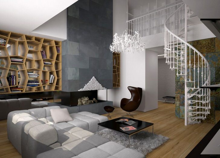 Украшение гостиной-воздушная лестница в стиле модерн.