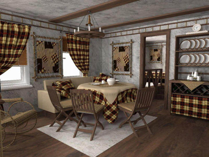 Гармоничная гостиная в стиле кантри, где шторы, скатерть, подушки и панно выполнены из единой ткани в традиционную клетку.